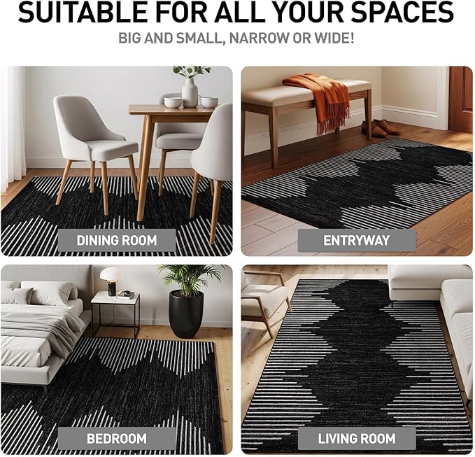 Rugshop Bohemian Stripe Stain Resistant Area Rug Black 3'3" x 5' | High Traffic, Rectangular, Size 3'3" x 5', Living Room, Bedroom, Dining Room, Home Office, Kitchen, Entryway, Hallway