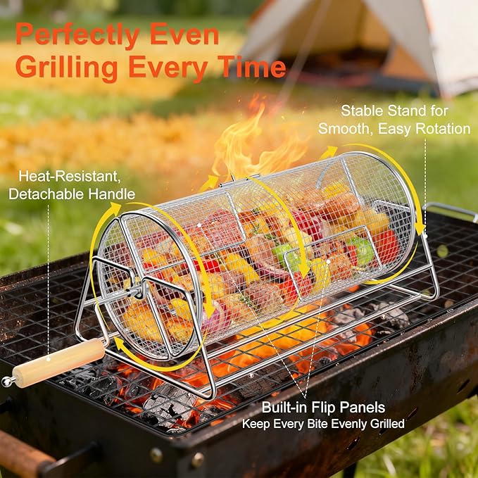 Rotatable Rolling Grill Baskets, 304 Stainless Steel, Even Cooking Nesting Grilling Net, BBQ Accessories Tools for Vegetables Shrimp, Outdoor Camping, Gifts for Birthday/Men/Dad/Husband