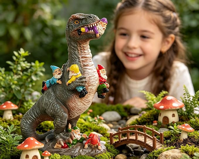 12 Inch Dinosaur Eating Gnomes Garden Statue | Funny Dinosaur Statue with Colorful Gnome Figures for Fairy Gardens, Patios Yard Decor