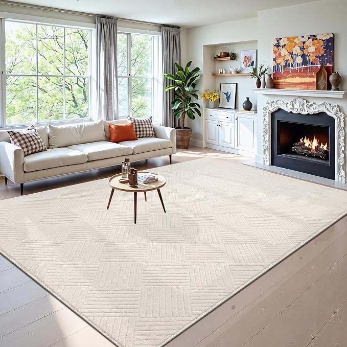 6x9 Living Room Area Rug, Beige Soft Geometric Fluffy Bedroom Mat | Washable Modern Indoor Floor Mat, Non Slip Shaggy Boho Accent Throw Carpet for Office, Dorm, Nursery and Dining Room