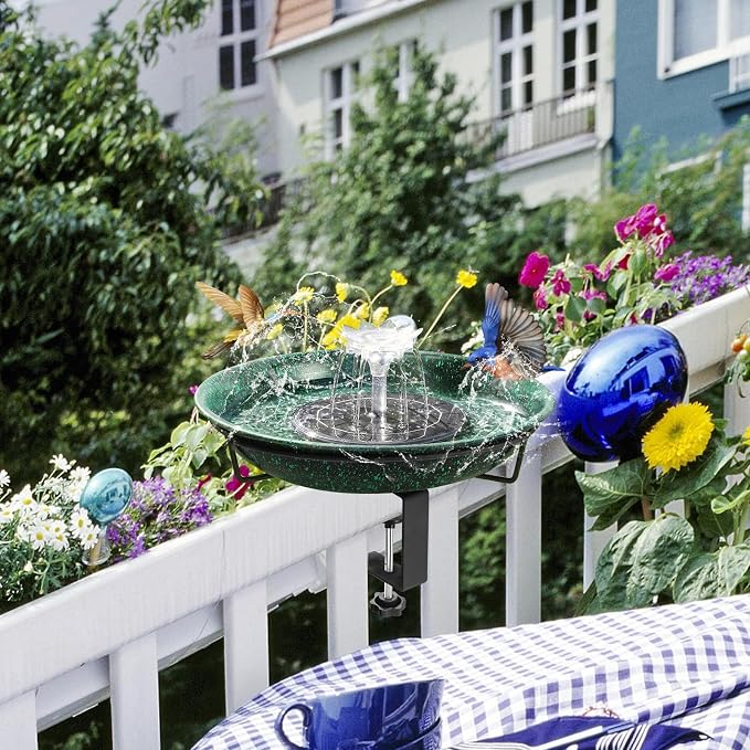 Yiabivo Deck Mounted Bird Bath with Fountain,Solar Railing Bird Bath Fountains for Hummingbirds,Adjustable Metal Durable Deck Bird Bath Holder for Railings, Garden,Patio Deck