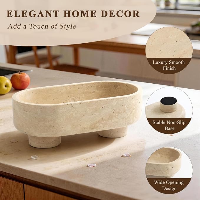 LIN CHUAN Natural Oval Travertine Stone Fruit Bowl for Kitchen Counter | Two-Legged Decorative Pedestal Bowl for Dining Table Decor, 10" Luxury Entryway Catchall Purse Bowl - Travertine