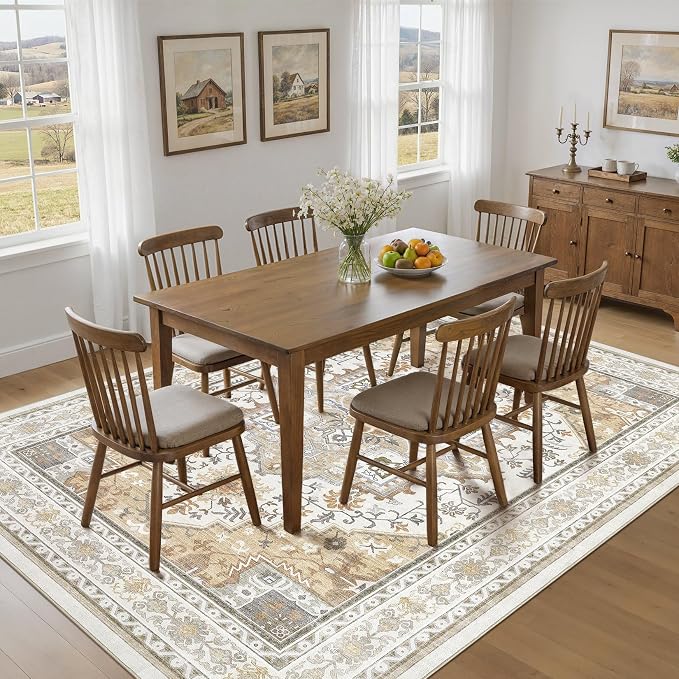 UERMEI 8x10 Area Rug for Living Room - Washable Vintage Carpet, Non-Slip Soft Large Indoor Floor Rugs for Bedroom Home Office & Under Dining Table Decor, Brown Beige