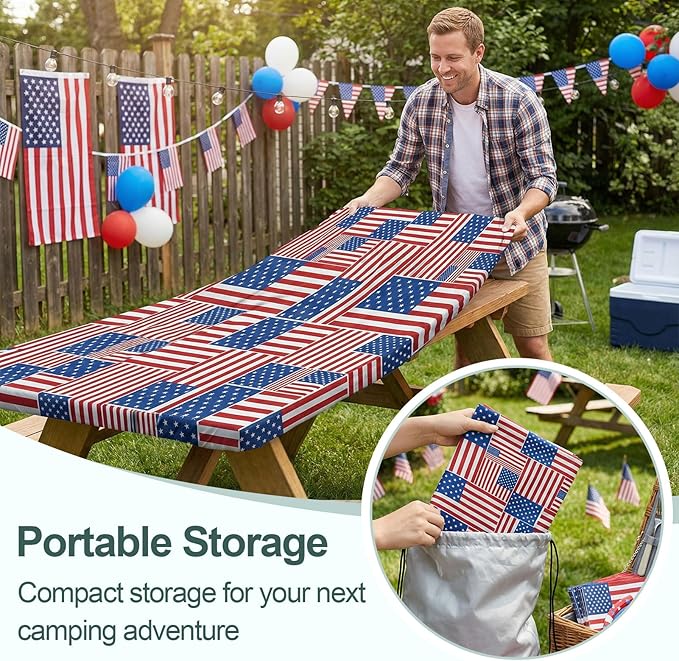 Play Tailor Picnic Table Cover with Bench Covers Camping Essentials Waterproof Windproof Camping Tablecloth with Drawstring Bag, Fitted Rectangle Tables and Seats, 72in, Red Blue White
