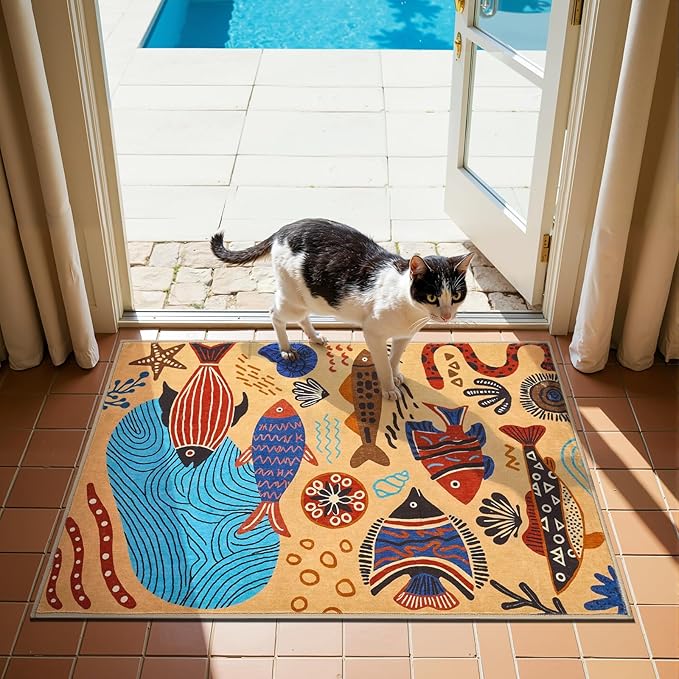 jinchan 2x3 Coastal Area Rug Washable Kids Rug Colorful Ocean Fish Mat, Tan | Soft, Cozy, Non-Slip, Kid-Friendly, Lightweight, Entryway, Small Mat, Kitchen, Dorm, Bedroom, Laundry Room, Bathroom, Nursery