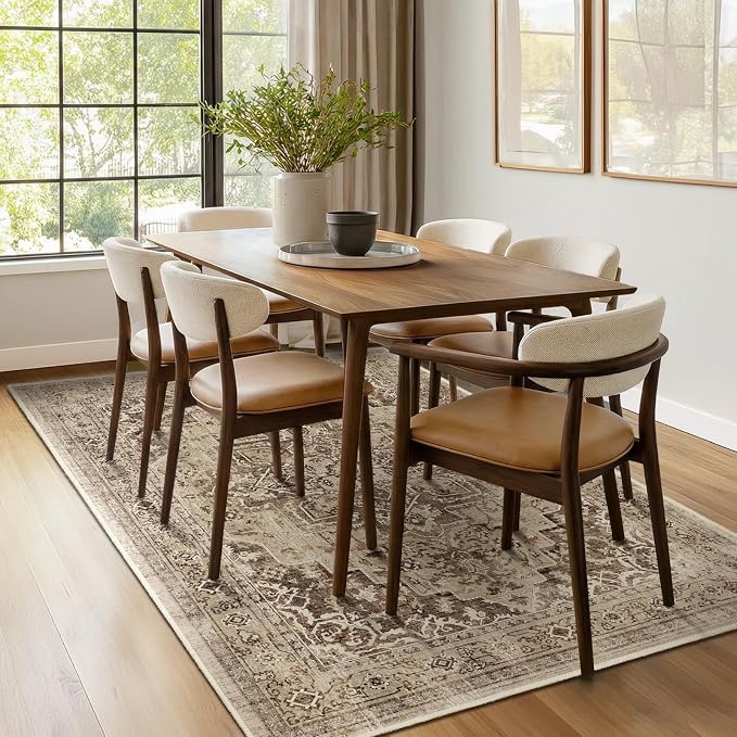Distressed Brown Living Room Rug 6x9, Washable Non Slip Rug for Dining Room Under Table, Low Pile Thin Carpet Rugs for Den Bedrom Home Office, Vintage Medallion Earth Tone Taupe Brown Black