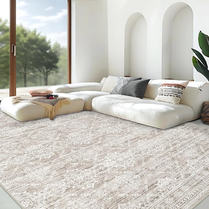 Area Rug for Living Room 6x9: Large Washable Boho Moroccan Rugs Geometric Neutral Rug, Non-Slip Foldable Morden Farmhouse Indoor Floor Carpet for Bedroom Dining Table Home(Ivory Mocha,6'x9')