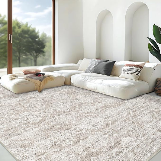 Area Rug for Living Room 9x12: Large Washable Boho Moroccan Rugs Geometric Neutral Rug, Non-Slip Foldable Morden Farmhouse Indoor Floor Carpet for Bedroom Dining Table Home(Ivory Mocha,9'x12')