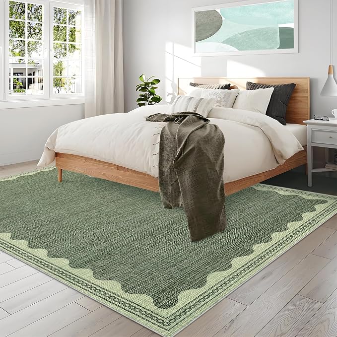 8x10 Scalloped Area Rugs Green Washable Living Room Bedroom Rug | Solid Tan Rug for Bedroom Girls, Non Slip Throw Carpet With Rubber Back, Soft Dorm Nursery Scalloped Rugs for Dining Room