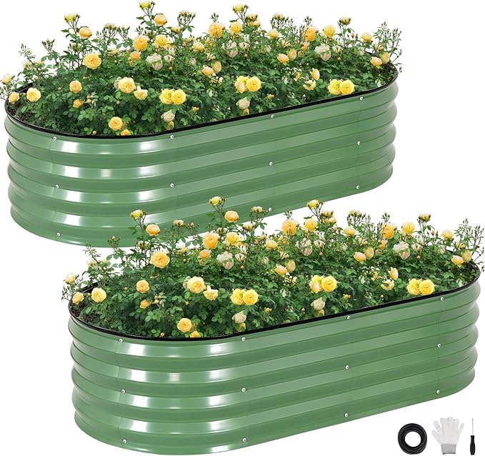 Galvanized Raised Garden Bed Outdoor, 2Pcs 4x2x1ft Oval Planter Box with Rubber Strip, Metal Raised Bed Kit for Vegetables Flowers Herbs, Olive Green