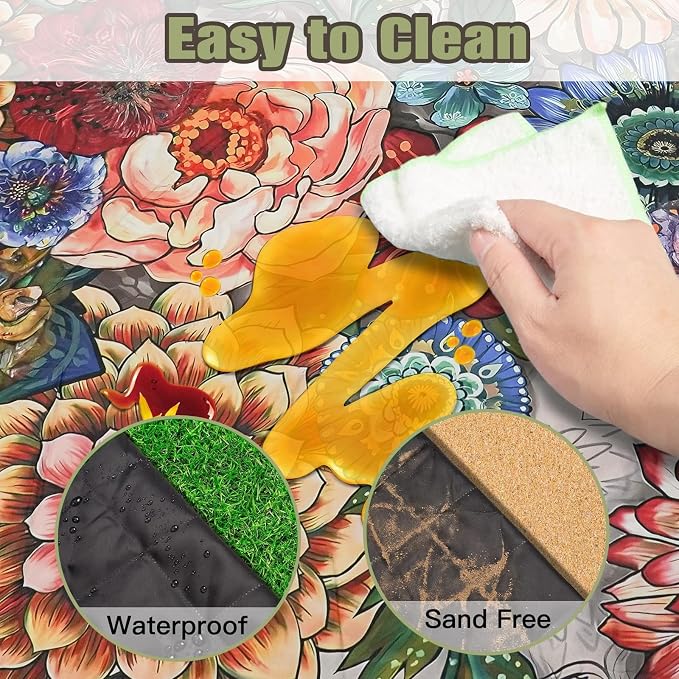 Picnic Blankets Extra Large Waterproof, 80"x 60" Flowers Beach Mat with Corner Pockets Windproof Sandproof Foldable Portable 3-Layer Mat Darker for Wet Grass,Parks,Music Festival,Camping,Concerts