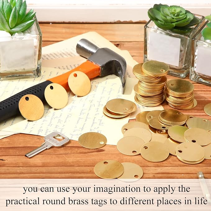 Hicarer 50 Pcs Solid Tags for Stamping Round Key Tags Blanks with Hole for Pets Plants Doors Pipe Valves Equipment Tool and Keys Labeling (Brass,1.25 Inch)