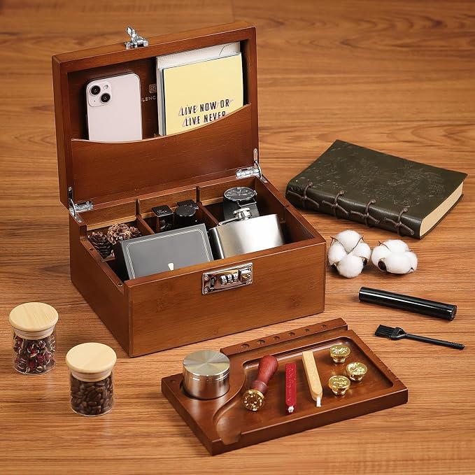 GLENCREAG Stash Box with Rolling Tray, Smell Proof Large Bamboo Storage Box with Lock, Decorative Set Includes Glass Jars & Grinder, Gift for Men Women