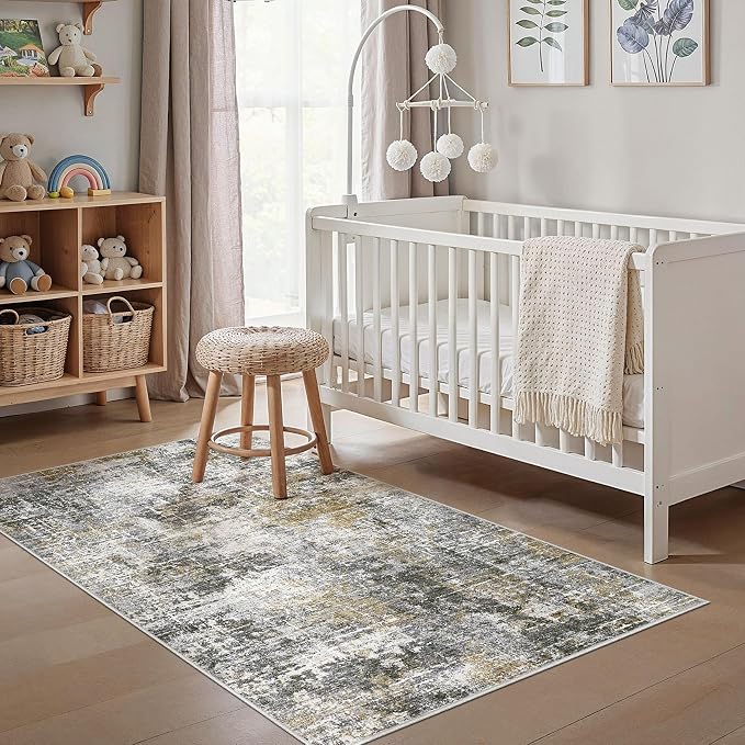 kakania Abstract 3x5 Area Rugs for Living Room: Washable Rugs Black Gold | Soft, Non-Slip, Low-Pile, Pet & Kid Friendly - Modern Home Decor Carpet for Bedroom/Dining Room/Office/Nursery