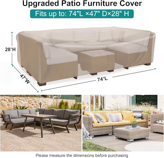 Patio Furniture Set Cover Waterproof, Heavy Duty Furniture Covers for Outdoor Sectional Sofa Set Wicker Rattan Table Chair Rectangular,74"L×47"W×28"H,Brown