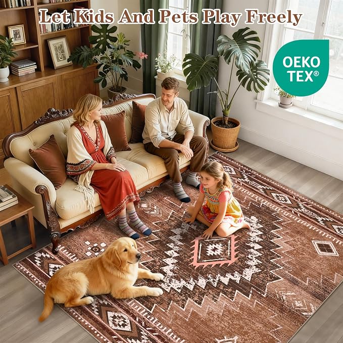 Yinhua Western 8x10 Rug for Living Room, Aztec Washable Rug for Bedroom | Soft Moroccan Large Area Rugs Non-Slip with Rubber Backing, Brown Non-Shedding Carpet for Office Nursery