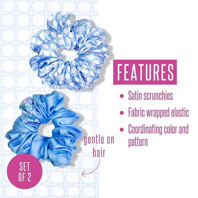 Lilly Pulitzer Blue Scrunchie Set, 2-Pack Satin Scrunchies, Cute Hair Ties for Women and Girls, Soleil It On Me