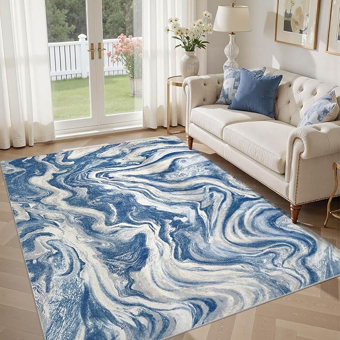 DMOYEST 5x7 Area Rug for Living Room Washable Abstract Indoor Carpet | Neutral Modern Low Pile Rugs Kid & Pet Friendly Soft Thin Carpet for Bedroom Dining Room and Office - Navy Blue