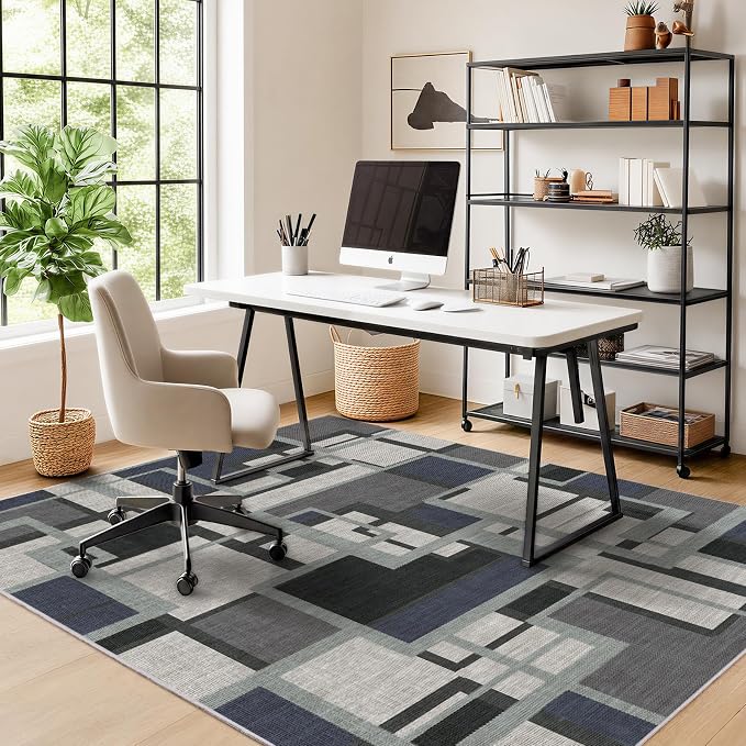 Pionblank Modern Geometric Area Rugs for Bedroom, Slate Blue 4x6 Rug | Blue Grey Patchwork Blocks Indoor Carpet for Living Room Dining Room Office | Soft Low-Pile Floor Rug | Abstract | Non-Slip