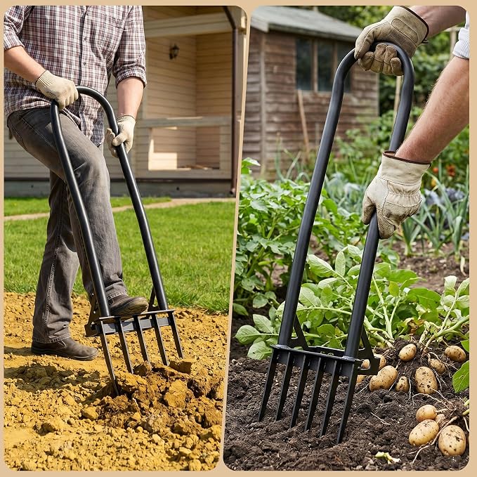 Garden BroadFork,5 Tines Heavy Duty Metal Pitchfork Hand Tiller,Integrated Potato Fork with Ergonomic U-Shaped Handle,Spading Digging Fork for Gardening,Cultivating (47" Heavy Duty BroadFork-HS)