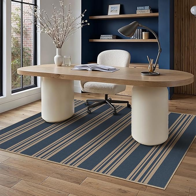 PureCozy Striped Easy Jute Rug 4x6 Blue Entryway Carpet Washable Non Slip Office Door Mat Farmhouse Neutral Non Shedding Small Indoor Outdoor Rug for Bathroom Kitchen Bedroom Living Room