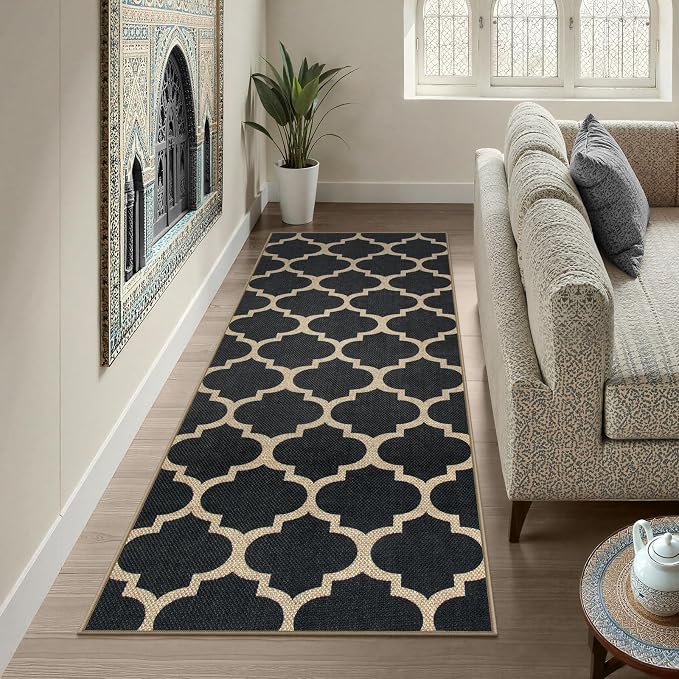 Lahome Moroccan Easy Jute Runner Rug 2x6, Black Outdoor Washable Runner Rugs for Porch Kitchen, Geometric Trellis Woven Long Carpet for Laundry, Thin Non Slip Farmhouse Porch Decor