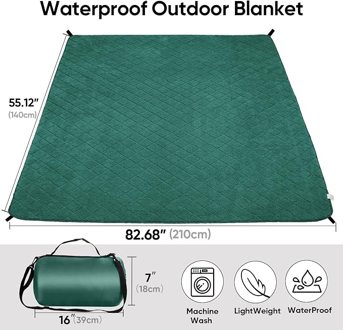 Northroad Waterproof Outdoor Blanket w/Sherpa Lining, Large Windproof Camping Blankets for Cold Weather, Light Weight and Warm for Stadium, Hiking, Dog, Picnic, Washable, 55”X 82” (Green, 1PCS)