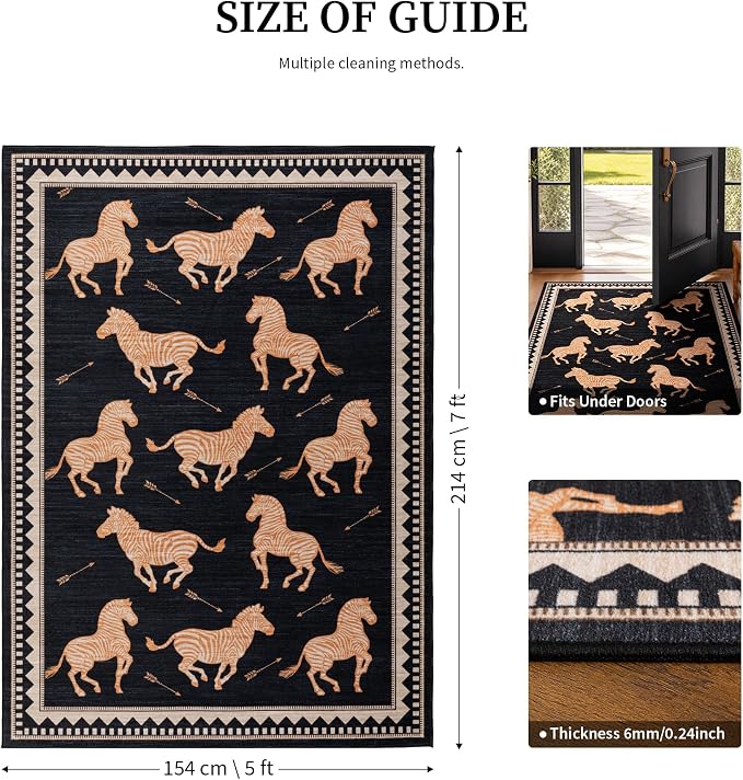 YIHOUSE Black and Gold Zebra Area Rugs 5×7, Washable Animal Print Rug with Geometric Border, Non-Slip Low Pile Mid-Century Modern Carpet for Living Room, Bedroom, Dining Room