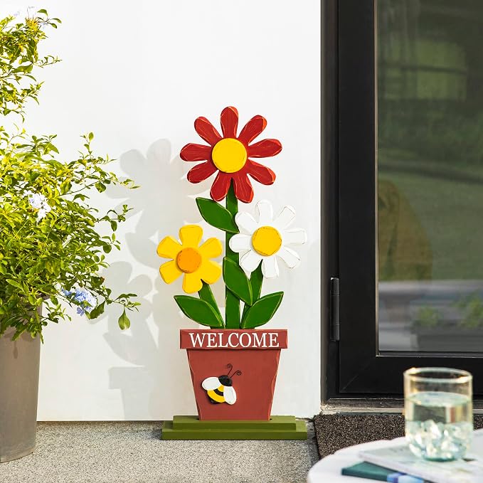 Glitzhome 30 Inch Welcome Sign for Front Door Porch Standing, Outdoor Decor with Wooden Trio Flowers, Yard Sign for Patio Front Door Outside