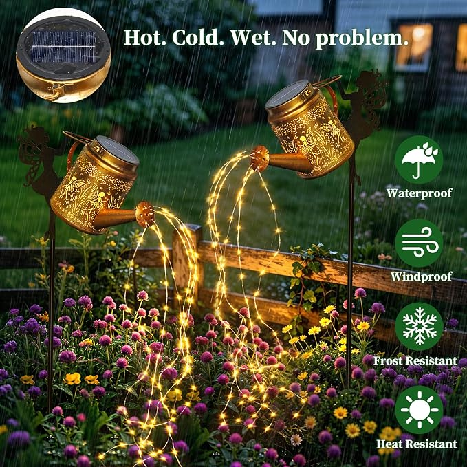 2 Pack Solar Watering Can Lights Outdoor Waterproof, Solar Garden Decorations with Fairy Cutouts, Magical Solar Lights for Yard Patio Lawn, Gardening Gifts for Mom Women