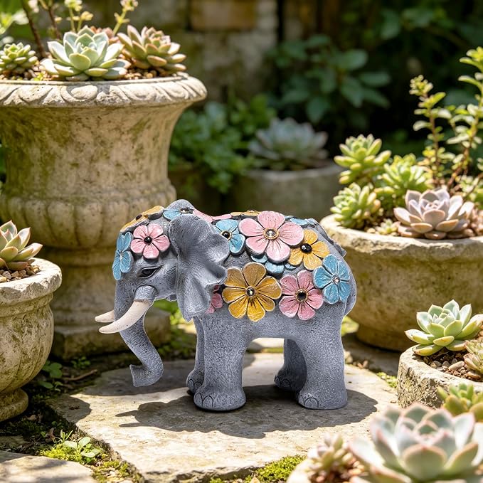 basen Solar Elephant Garden Statue Outdoor Resin Elephant Decor with Lighted Flower Accents, Solar Powered Animal Figurine for Patio Yard Lawn Porch Backyard Gifts for Women