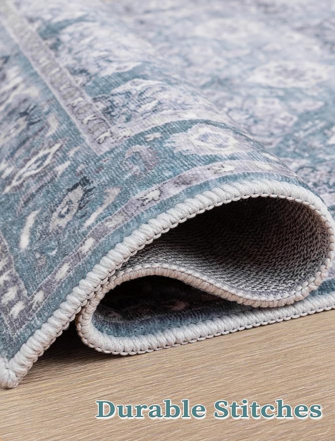 SERISSA 2'6"x10' Washable Non Slip Floral Boho Runner Rug for Hallway | Ultra Soft Vintage Floral Carpet Low-Pile Blue Grey Indoor Mat Throw Rug for Kitchen Stair Bedroom Bathroom Laundry Room