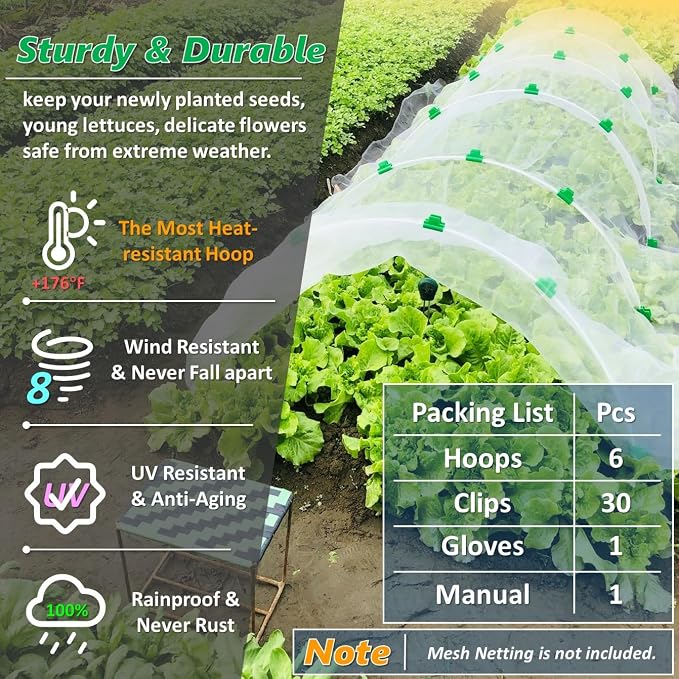 Greenhouse Hoops for 2-4ft Wide Raised Beds, 6.56ft Long Super Bendable Fiberglass Garden Hoops, Weather Resistant Grow Tunnel Support Frame for Plant Row Cover, 6 Pcs