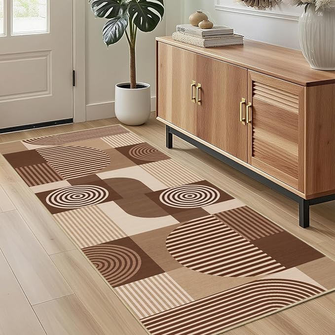 Brown Geometric 2x6 Runner Rug for Hallway Kitchen Bedroom Machine Washable Mid Century Modern Rug Non Slip Low Pile Minimalist Runner Rugs Long Floor Mat Carpet for Bathroom Laundry,Brown