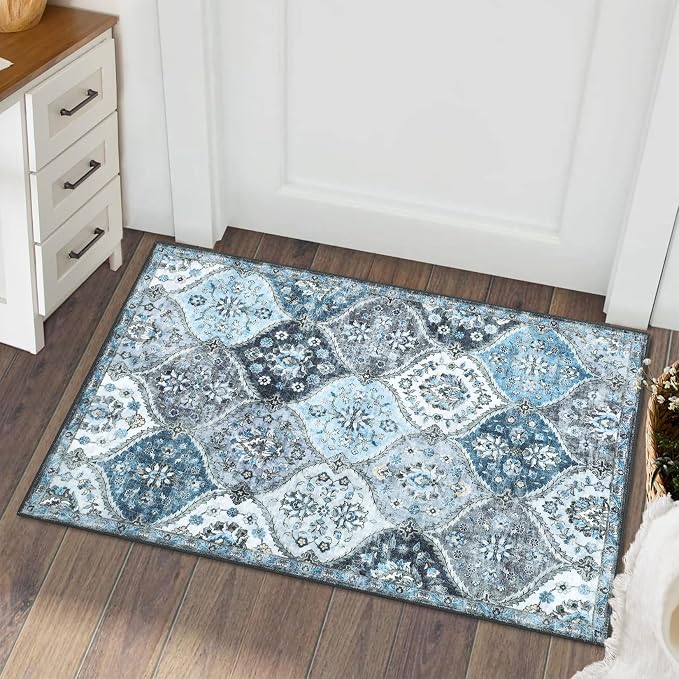 ROYHOME Washable Area Rug Moroccan Trellis Entryway Rug Doormat, 2' x 3' | Stain Resistant Non-Slip Accent Rug Vintage Medallion Distressed Floor Carpet for Front Entrance Kitchen Bathroom, Blue/Grey