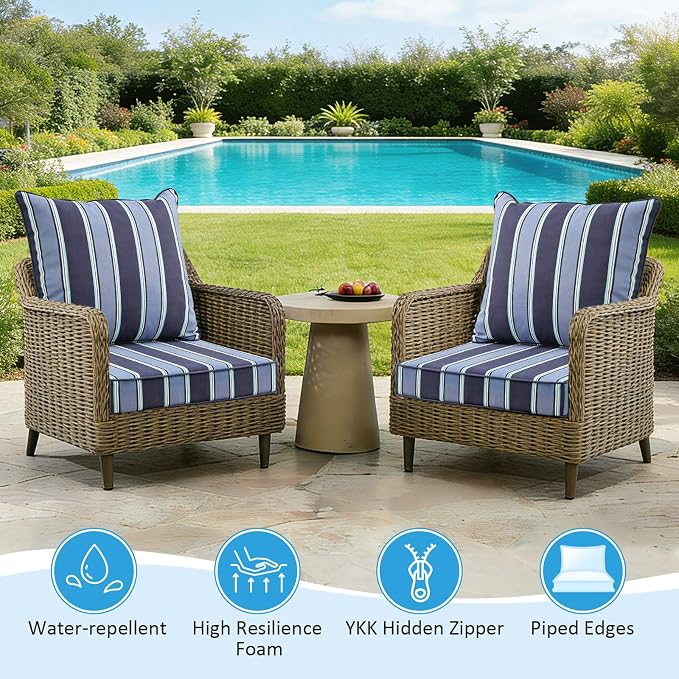Outdoor Deep Seat & Back Cushion Set (2-Pack), 24 x 24 Inch Water Repellent and Fade Resistant Patio Furniture with Removable Cover for Outside Sofa Couch, Navy Blue Stripe