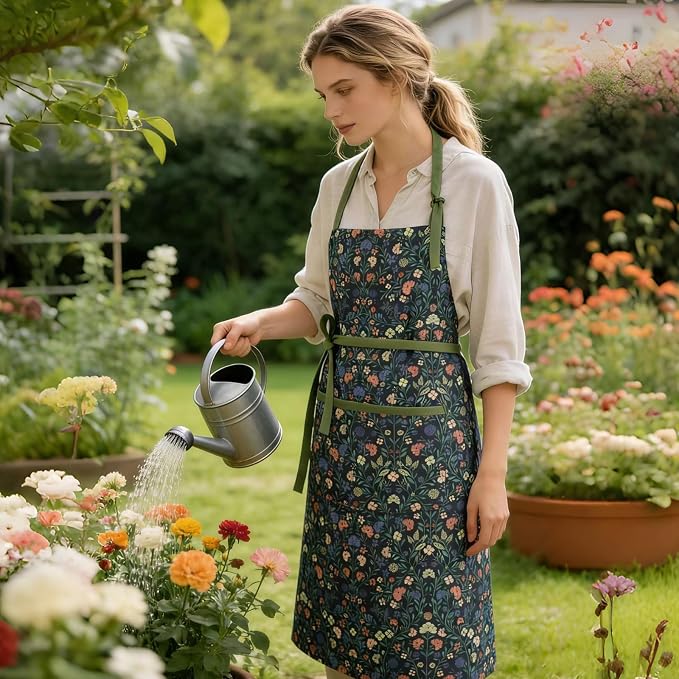Women's Vintage Floral Kitchen Apron for Cooking & Gardening | Adjustable Neck Straps & Large Pockets, Cute Pinafore for Baking Tea Time, Practical Hostess Gift(Pink/Blue Flowers)