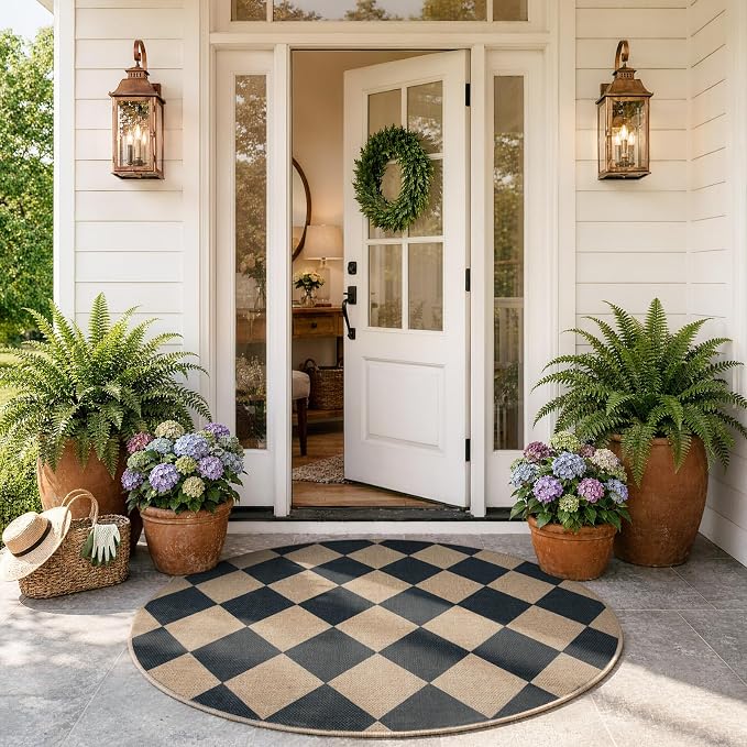 Lahome Colette Checkered Round Entryway Rug 4ft, Circle Indoor Outdoor Patio Rug Washable Farmhouse Easy Jute Kitchen Rugs, Contemporary Non Slip Round Carpet for Bedroom Front Porch