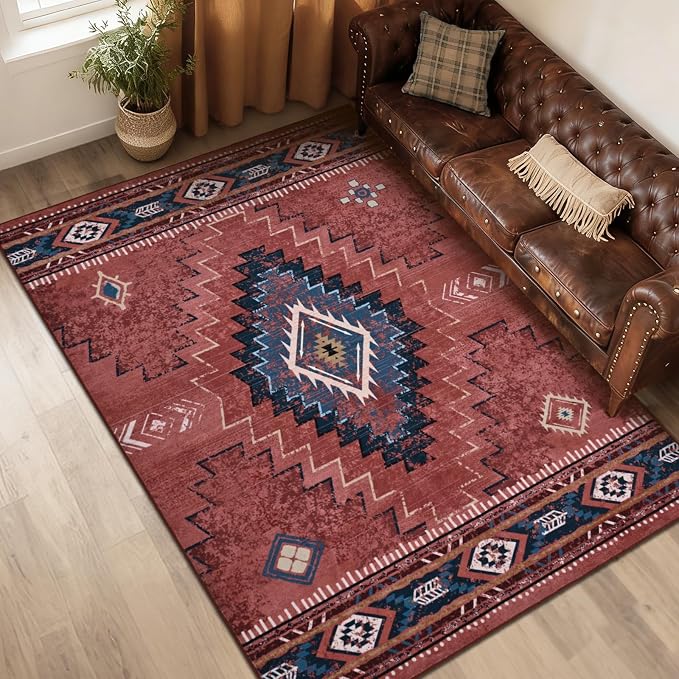 Yinhua Western Living Room Rug 5x7, Washable Area Rugs for Bedroom, Rust | Low-Pile Area Rug Non-Slip with Rubber Backing, Fall Non-Shedding Carpet for Dining Table Office Nursery