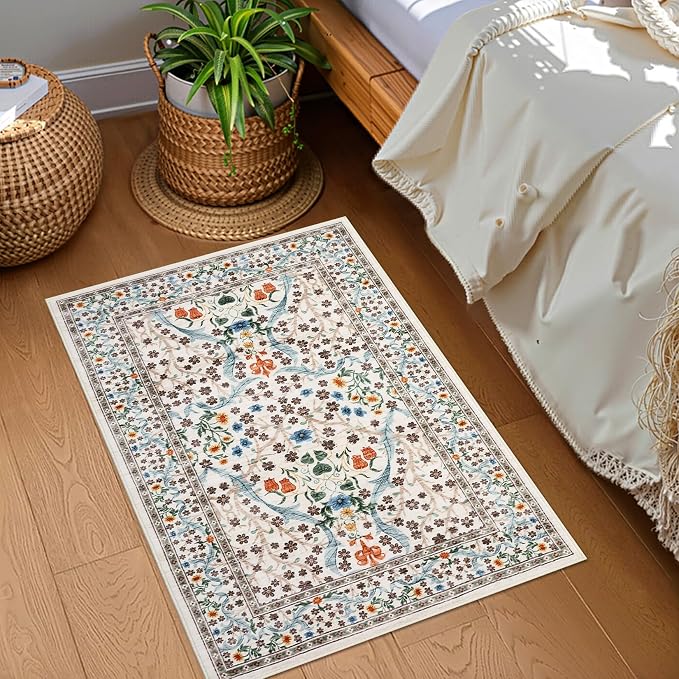 GarveeHome Floral Entryway Rug, 2x3 Washable Front Door Entry Throw Rugs Indoor, Non Slip Bathroom Small Rugs, Boho Thin Rug for Kitchen, Soft Carpet Mat for Bedroom Bathroom, Beige