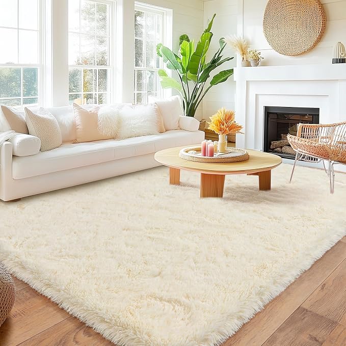 8x10 Area Rugs for Living Room, Large Ultra Fluffy Fuzzy Shag Cream Rug for Bedroom, Modern Plush Soft High Pile Upgrade Non-Slip Carpet for Kids Girls and Boys, Dorms, Home Decor Aesthetic
