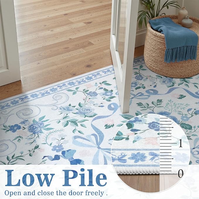 DCX Washable 2x3 Bow Rug, Blue Floral Rug for Girls’ Bedroom, Cute Soft Low Pile Indoor Décor Carpet, Kid & Pet Friendly Nursery Rug for Living Room, Dorm, Playroom