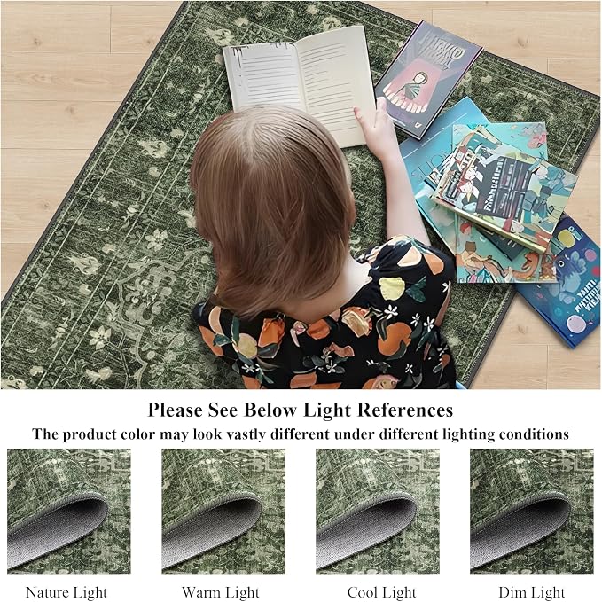 U'Artlines 2' x 6' Boho Hallway Runner Rug, Non Slip Runners, Dark Green | Washable, Vintage Farmhouse Kitchen Rug, Accent Area Carpet, for Entryway Laundry and Living Room