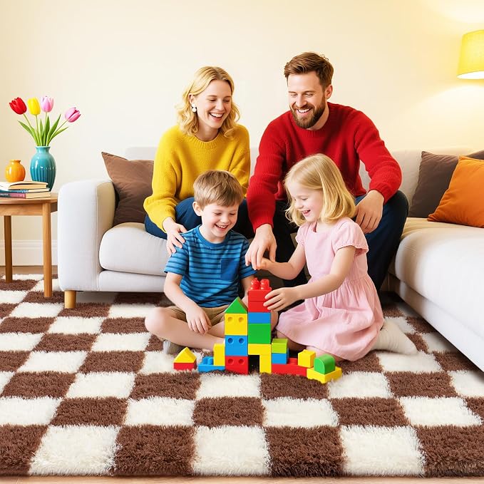 Checkered Rugs for Bedroom, Ultra Fluffy Fuzzy Shag Area Rug for Living Room 5x7, Modern Plush Soft Upgrade Non-Slip Carpet for Kid Girls and Boys Room Dorm Nursery Home Decor, Cream and Coffee