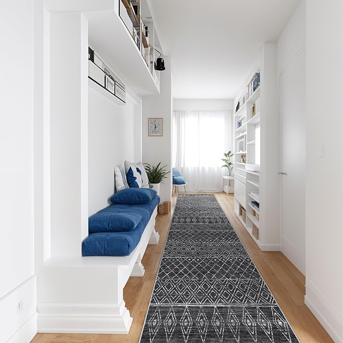 Moroccan 2'6"x12' Hallway Runner Rug: Washable Non Slip Bedroom Rugs Black | Soft Long Low Pile Farmhouse Neutral Carpet with Rubber Backing for Entryway Kitchen Laundry