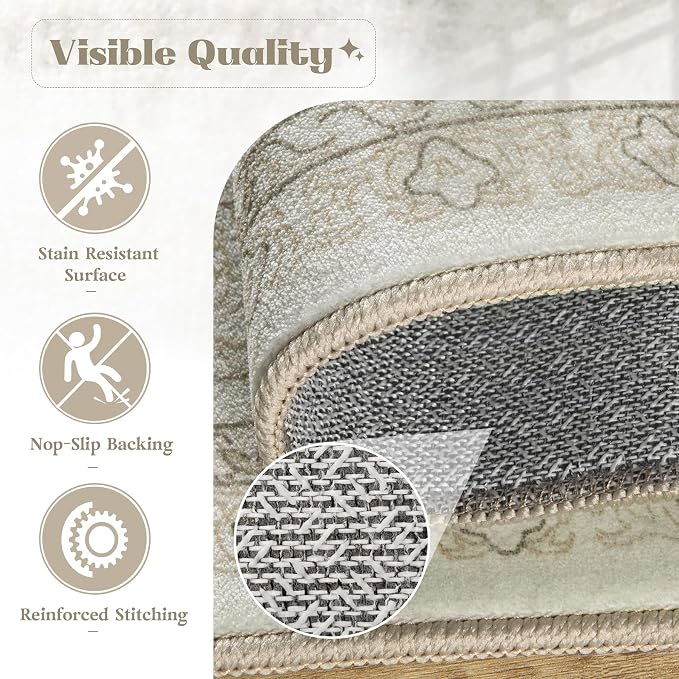 Area Rug 8x10 Washable Rug, Vintage Boho Medallion Rugs Non-Slip Soft Low Pile Large Distressed Rug Indoor Retro Carpet for Living Room Bedroom Dining Room Home Office (IvoryBeige, 8'x10')