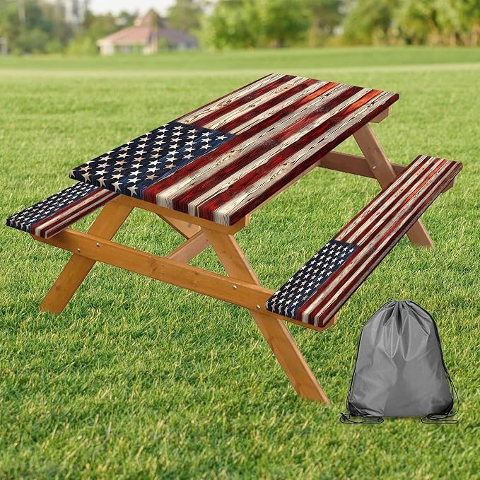 Picnic Table Cover with Bench Covers Elastic Edges, American Flag Wooden Camper Fitted Table Cover, Outdoor Camping Essentials, Waterproof Camping Fitted Tablecloth with Drawstring Bag, 72In 3PCS