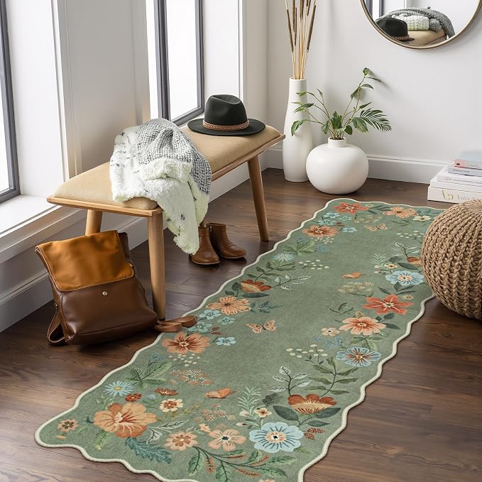 Lahome Floral Washable Runners for Hallways, 2x5 Kitchen Runner Non-Slip | Scalloped Ultra-Thin Non-Slip Soft Hallway Rug Boho Carpet for Laundry Bathroom Bedroom Flore (2x5ft, Green)