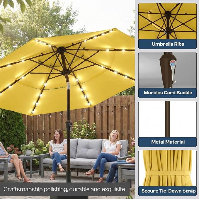 10ft 3-Tier Patio Umbrella with 32 Solar Powered LED Lights, Windproof Outdoor Market Umbrella for Deck, Poolside & Garden, Sturdy Push-Button Tilt Table Umbrella, Yellow