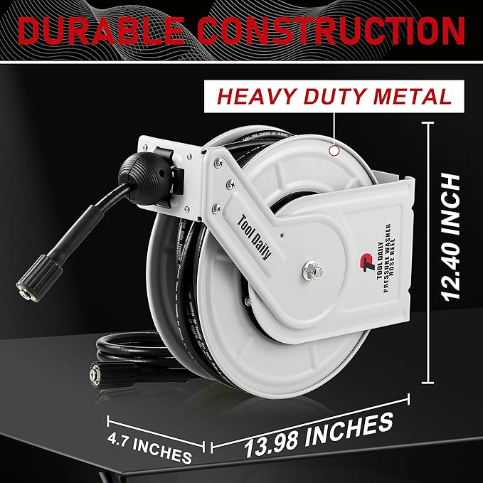 Tool Daily Retractable Pressure Washer Hose Reel, 1/4” x 60 FT Heavy Duty Power Washer Reel with Hose, Auto-Rewind, Wall/Floor Mounted, 3600 PSI